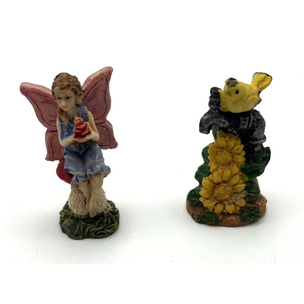 Lot of 2: Little Fairy Miniature Resin Figurine With Bird/Flowers 2"